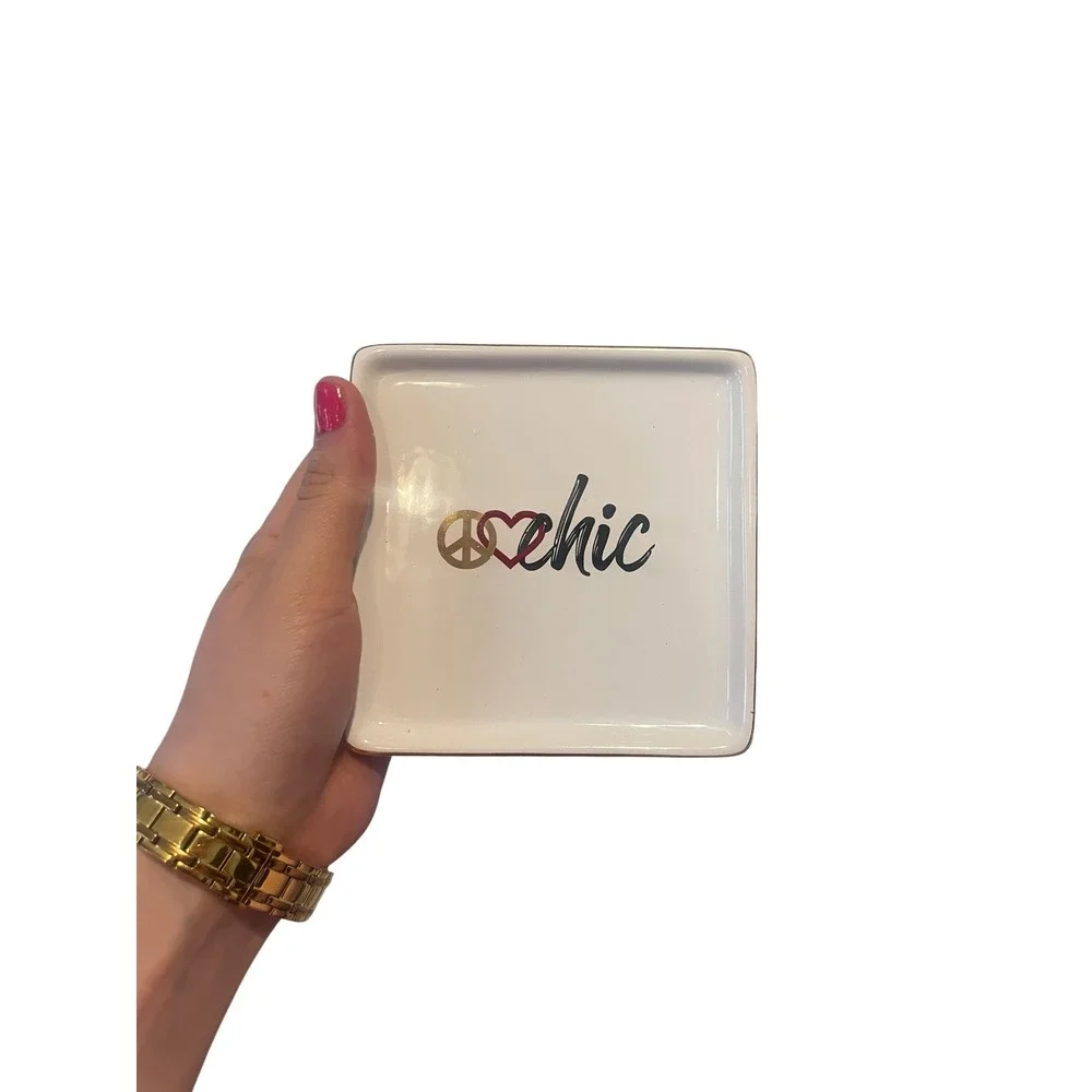 Chicos Ceramic Trinket Dish White Peace Love Chic Square Jewelry Tray Gold Rim